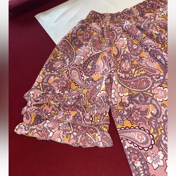 XL Pink Peach Paisley DRESS Wide Stretch Neck Ruffle Trumpet Sleeve RUFFLE HEM - Picture 12 of 14